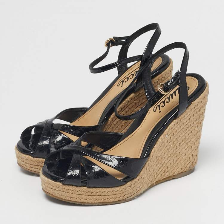 Pre Owned Gucci Black Patent Microguccissima Leather Penelope Espadrille Wedge Sandals Size 35.5