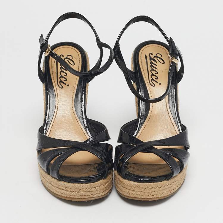 Pre Owned Gucci Black Patent Microguccissima Leather Penelope Espadrille Wedge Sandals Size 35.5