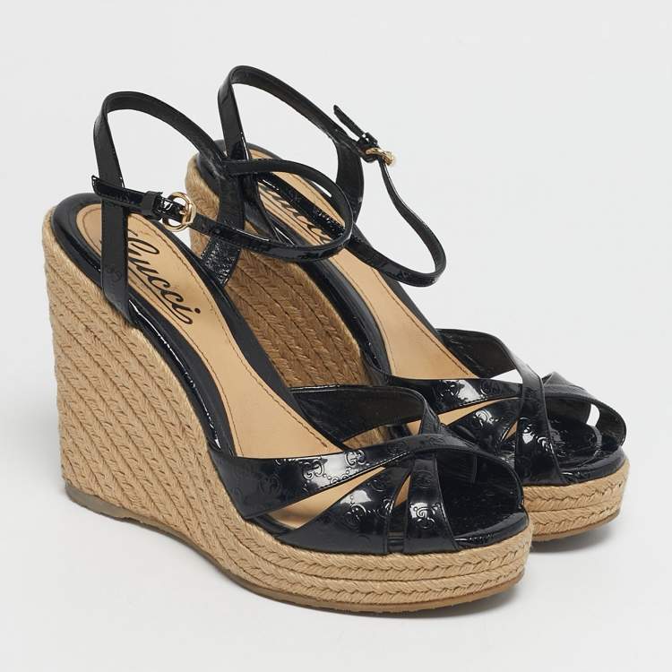 Pre Owned Gucci Black Patent Microguccissima Leather Penelope Espadrille Wedge Sandals Size 35.5