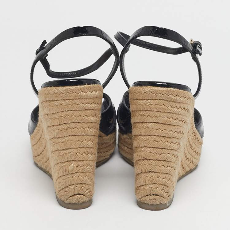 Pre Owned Gucci Black Patent Microguccissima Leather Penelope Espadrille Wedge Sandals Size 35.5