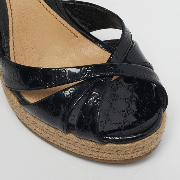 Pre Owned Gucci Black Patent Microguccissima Leather Penelope Espadrille Wedge Sandals Size 35.5