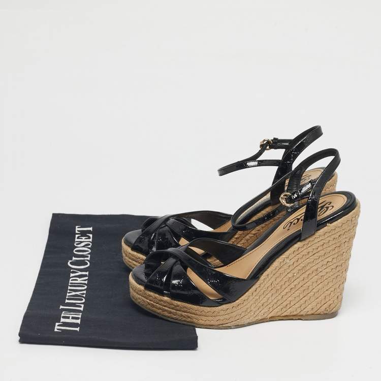 Pre Owned Gucci Black Patent Microguccissima Leather Penelope Espadrille Wedge Sandals Size 35.5