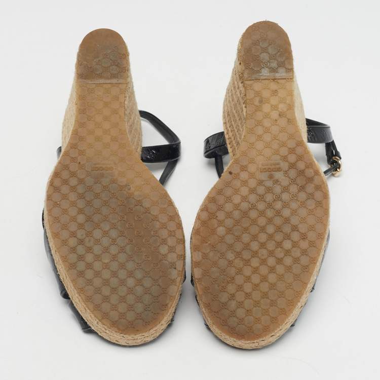 Pre Owned Gucci Black Patent Microguccissima Leather Penelope Espadrille Wedge Sandals Size 35.5