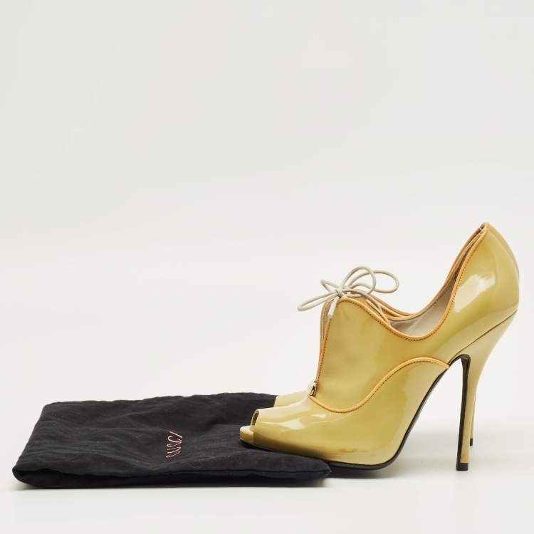 Pre Owned Gucci Light Green Patent Leather Newton Open Toe Booties Size 37