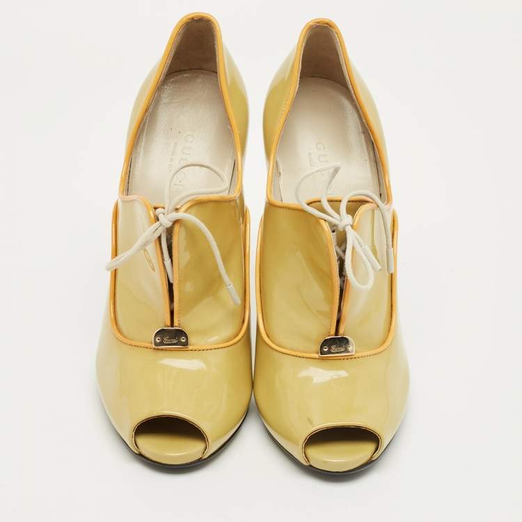 Pre Owned Gucci Light Green Patent Leather Newton Open Toe Booties Size 37