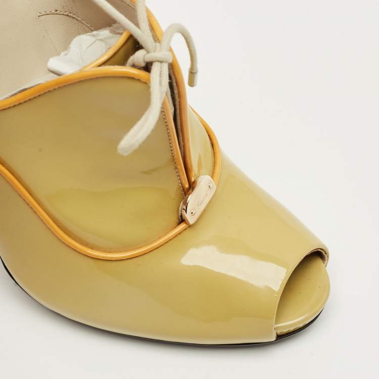 Pre Owned Gucci Light Green Patent Leather Newton Open Toe Booties Size 37