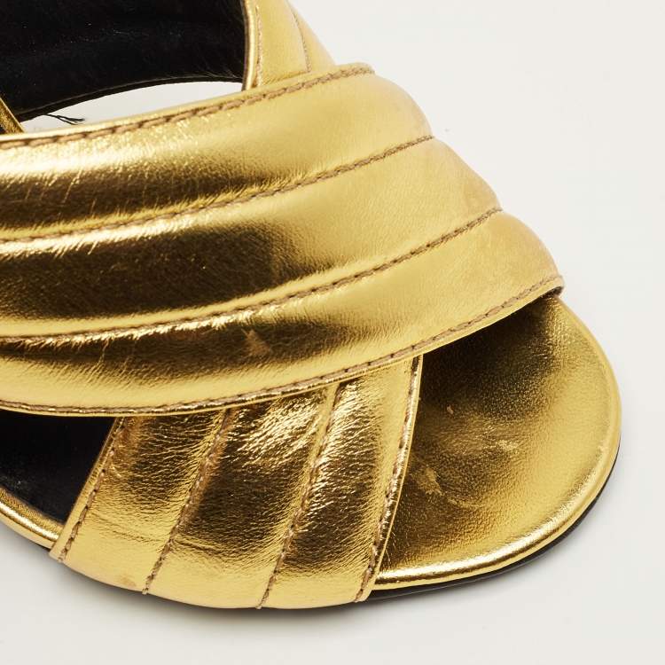 Pre Owned Gucci Metallic Gold Quilted Leather Webby Mules Sandals Size 35