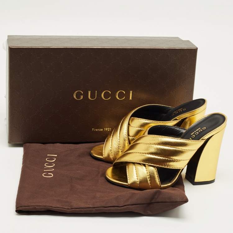 Pre Owned Gucci Metallic Gold Quilted Leather Webby Mules Sandals Size 35