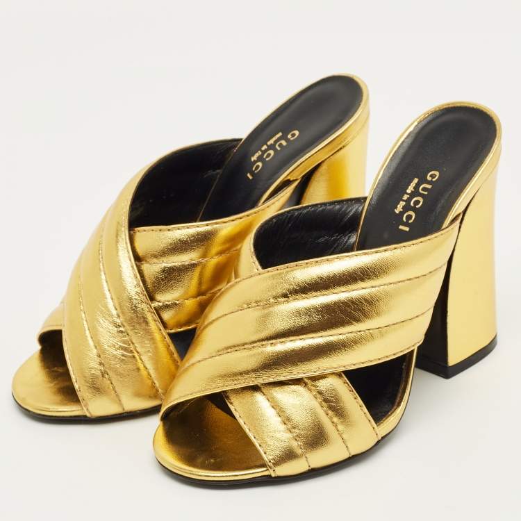 Pre Owned Gucci Metallic Gold Quilted Leather Webby Mules Sandals Size 35