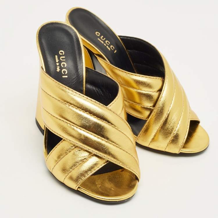 Pre Owned Gucci Metallic Gold Quilted Leather Webby Mules Sandals Size 35