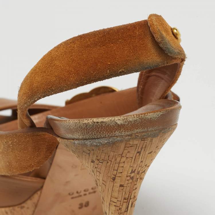 Pre Owned Gucci Brown Leather and Suede Slingback Sandals Size 38
