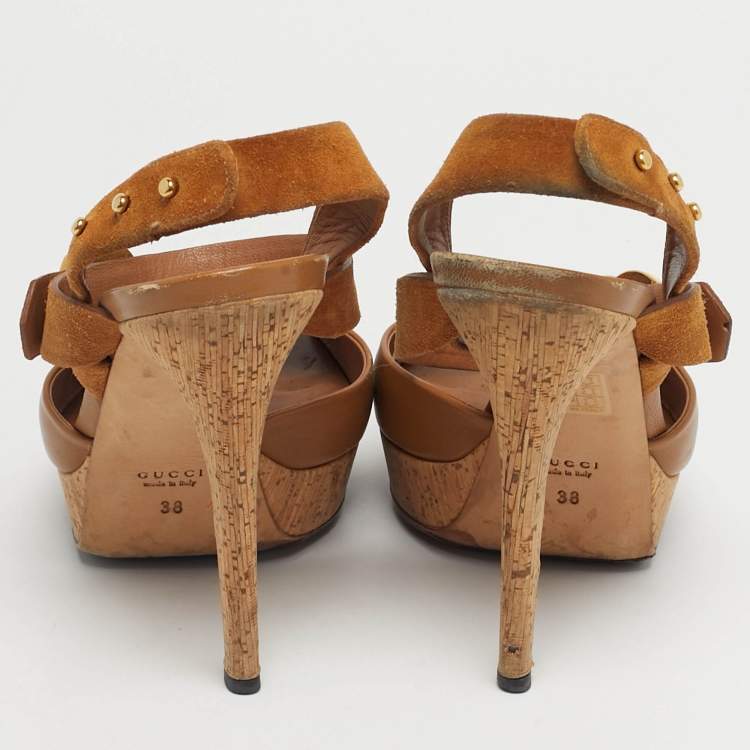Pre Owned Gucci Brown Leather and Suede Slingback Sandals Size 38