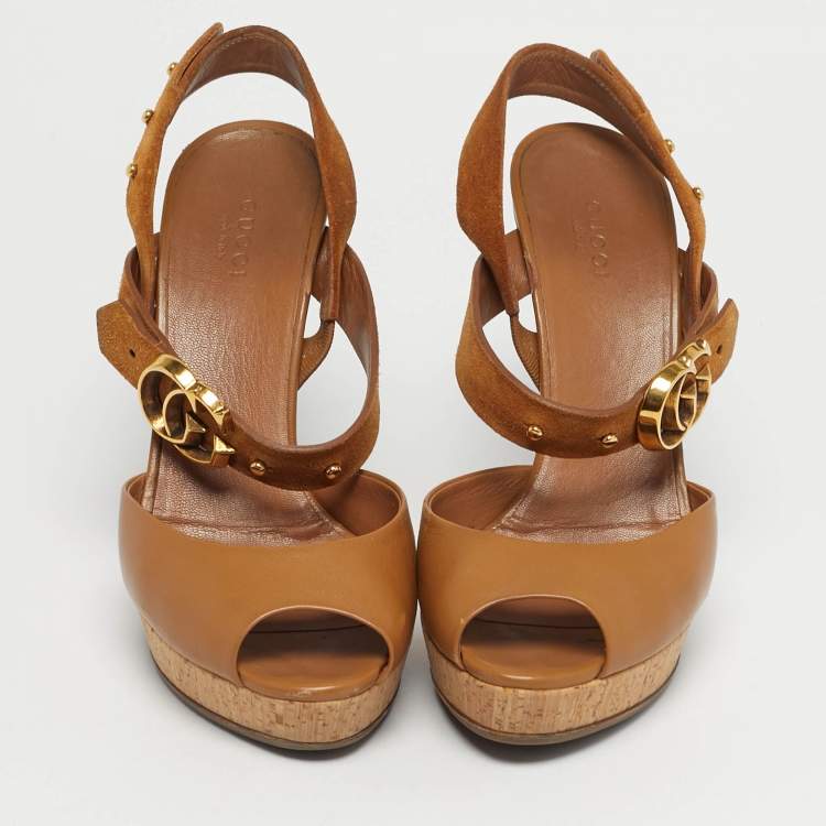 Pre Owned Gucci Brown Leather and Suede Slingback Sandals Size 38