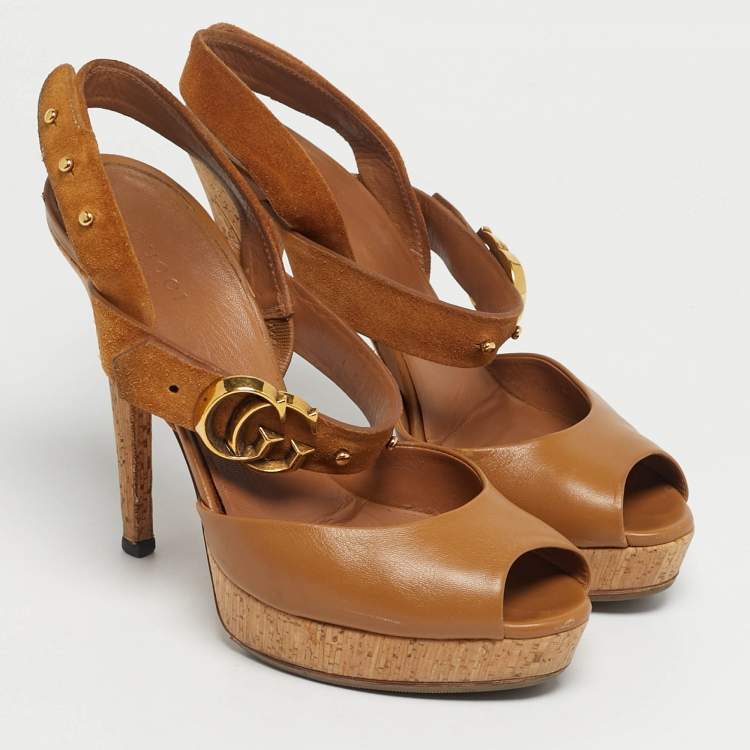 Pre Owned Gucci Brown Leather and Suede Slingback Sandals Size 38
