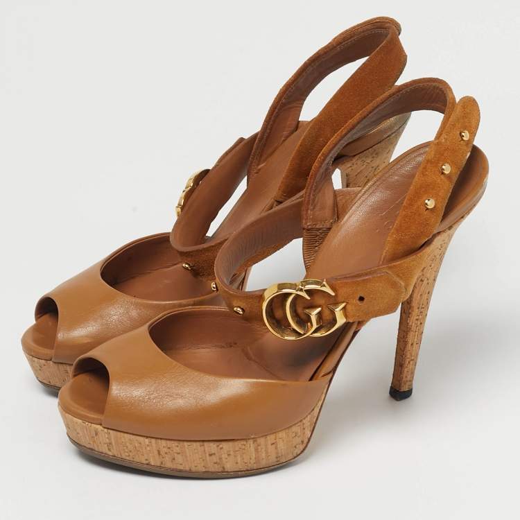 Pre Owned Gucci Brown Leather and Suede Slingback Sandals Size 38