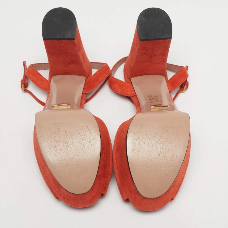 Pre Owned Gucci Orange Suede Horsebit Platform Ankle Strap Sandals Size 38