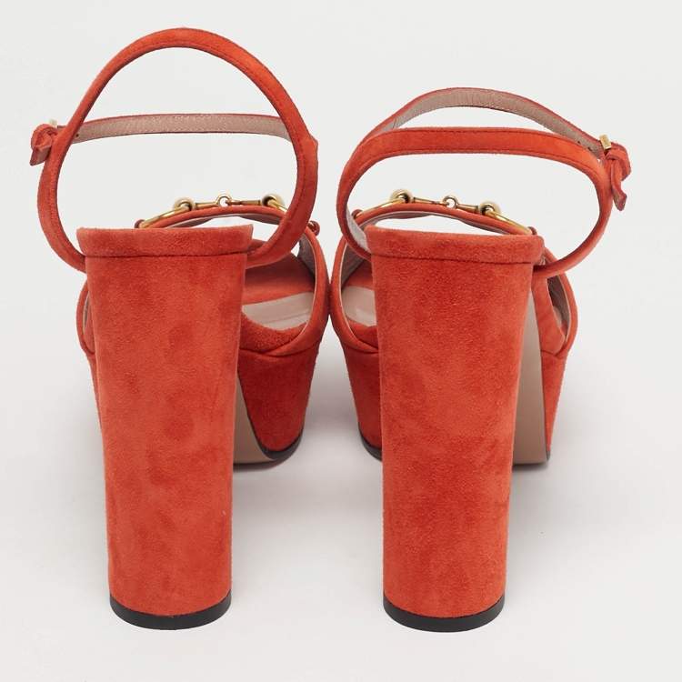 Pre Owned Gucci Orange Suede Horsebit Platform Ankle Strap Sandals Size 38