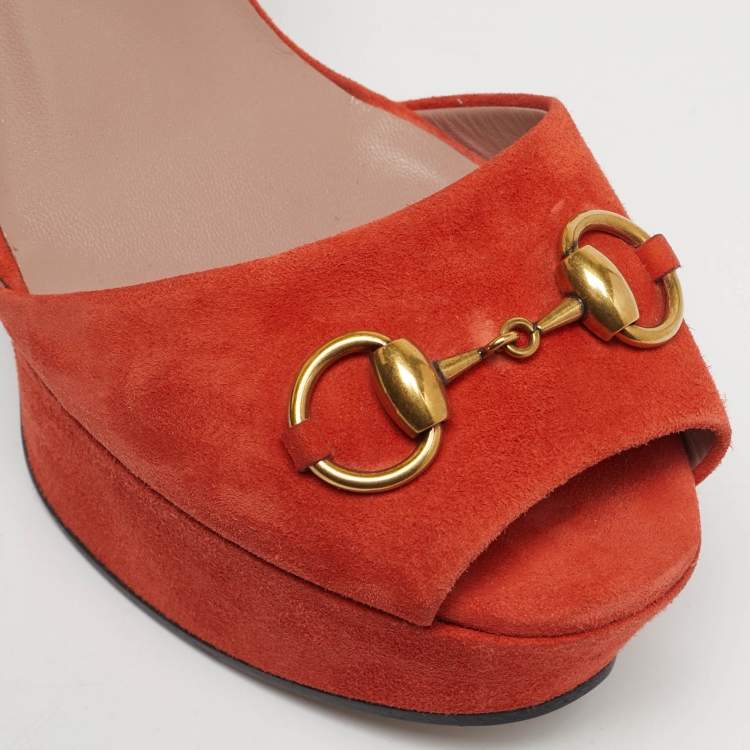 Pre Owned Gucci Orange Suede Horsebit Platform Ankle Strap Sandals Size 38