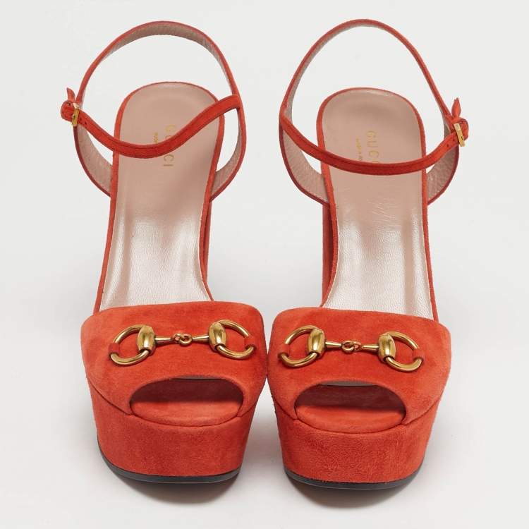 Pre Owned Gucci Orange Suede Horsebit Platform Ankle Strap Sandals Size 38
