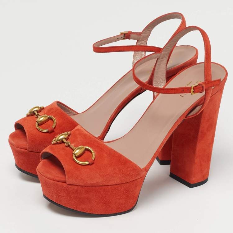 Pre Owned Gucci Orange Suede Horsebit Platform Ankle Strap Sandals Size 38