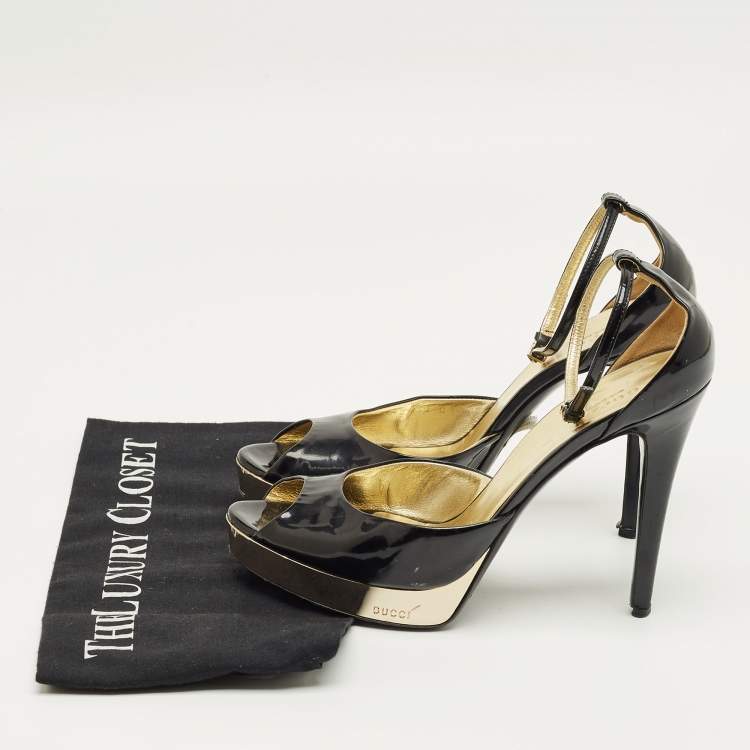 Pre Owned Gucci Black Patent Leather Peep Toe Ankle Strap Sandals Size 38