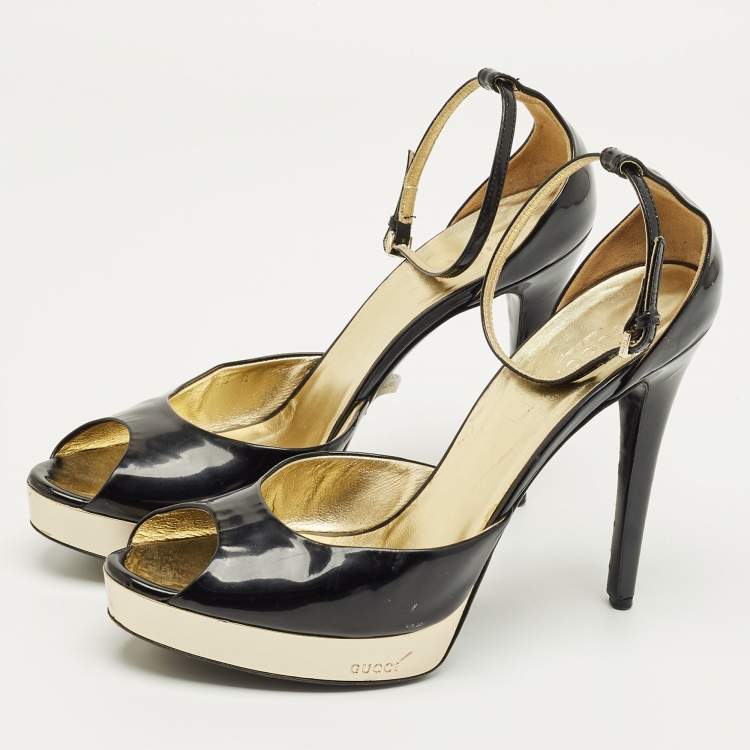 Pre Owned Gucci Black Patent Leather Peep Toe Ankle Strap Sandals Size 38