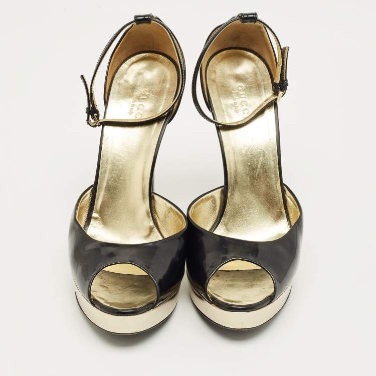 Pre Owned Gucci Black Patent Leather Peep Toe Ankle Strap Sandals Size 38