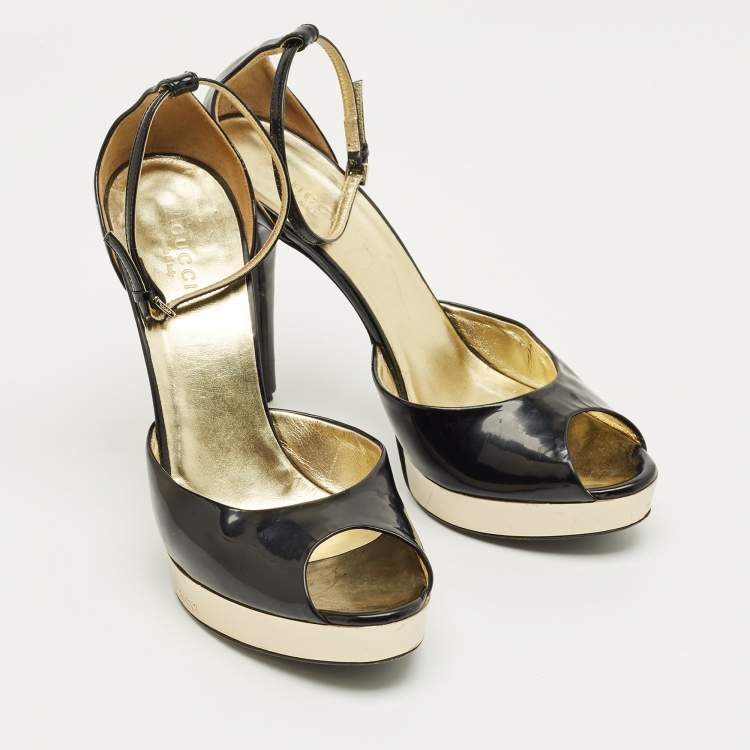 Pre Owned Gucci Black Patent Leather Peep Toe Ankle Strap Sandals Size 38