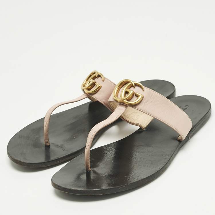 Pre Owned Gucci Pink Leather GG Marmont Thong Slide Flats Size 40