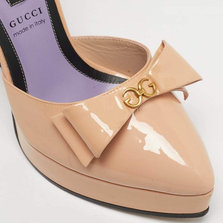 Pre Owned Gucci Beige Patent Leather Sadie Bow Spike Platform Pumps Size 36