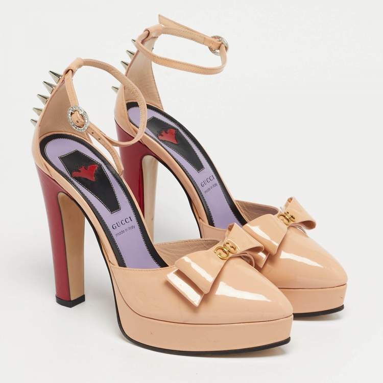 Pre Owned Gucci Beige Patent Leather Sadie Bow Spike Platform Pumps Size 36