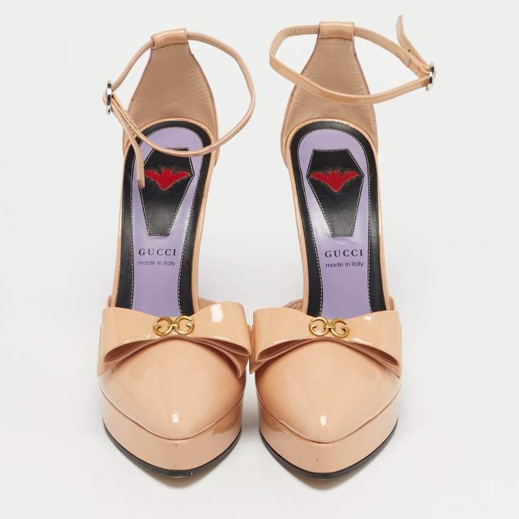 Pre Owned Gucci Beige Patent Leather Sadie Bow Spike Platform Pumps Size 36