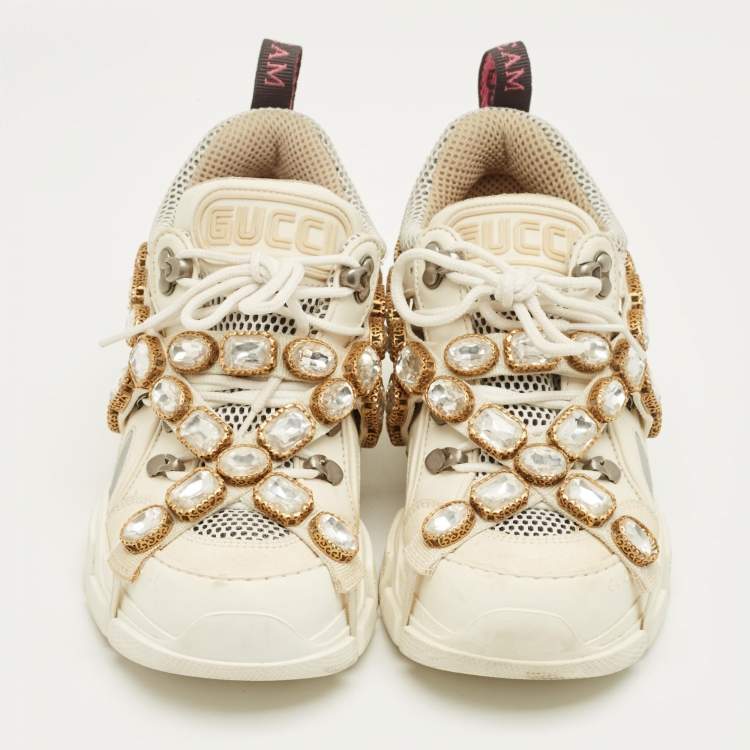 Pre Owned Gucci White Leather and Mesh Flashtrek Lace Up Sneakers Size 36