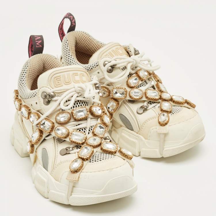 Pre Owned Gucci White Leather and Mesh Flashtrek Lace Up Sneakers Size 36