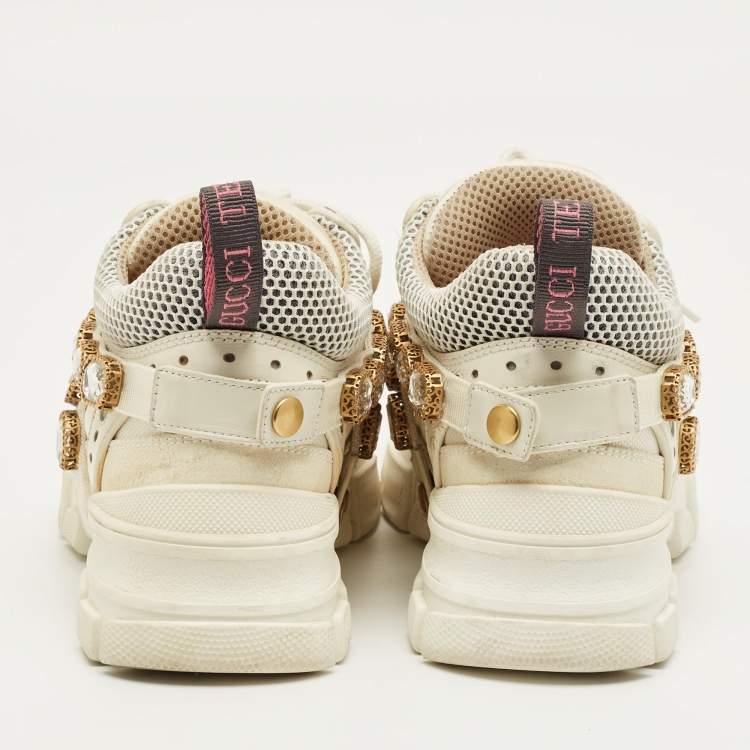 Pre Owned Gucci White Leather and Mesh Flashtrek Lace Up Sneakers Size 36