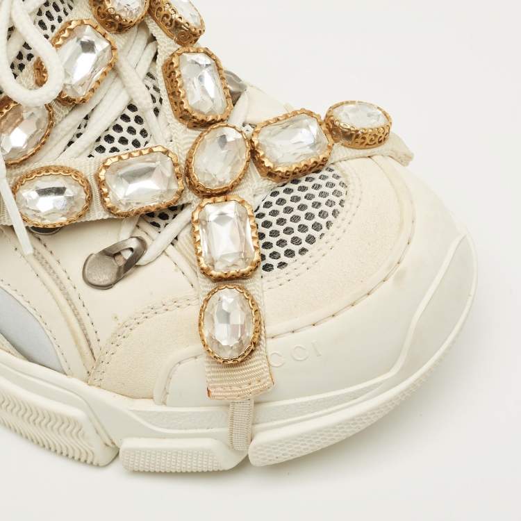 Pre Owned Gucci White Leather and Mesh Flashtrek Lace Up Sneakers Size 36