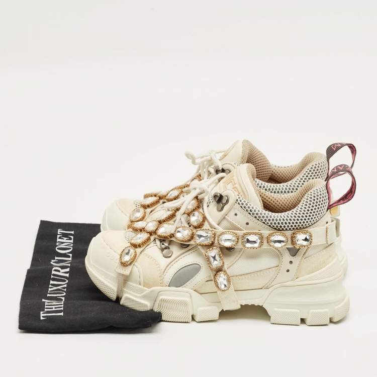 Pre Owned Gucci White Leather and Mesh Flashtrek Lace Up Sneakers Size 36