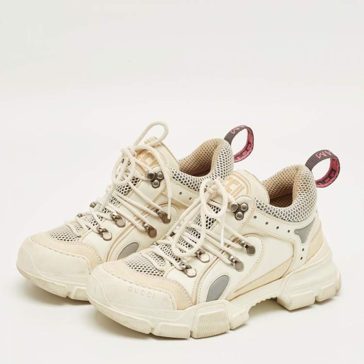 Pre Owned Gucci White/Grey Leather and Mesh Flashtrek Lace Up Sneakers Size 37