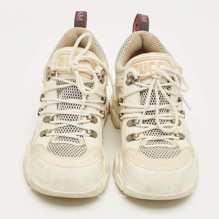 Pre Owned Gucci White/Grey Leather and Mesh Flashtrek Lace Up Sneakers Size 37