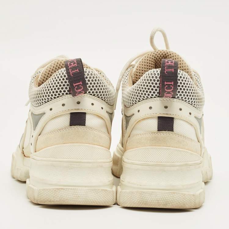 Pre Owned Gucci White/Grey Leather and Mesh Flashtrek Lace Up Sneakers Size 37