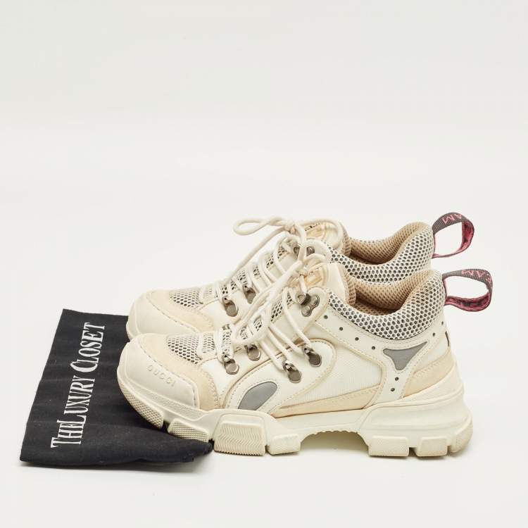 Pre Owned Gucci White/Grey Leather and Mesh Flashtrek Lace Up Sneakers Size 37