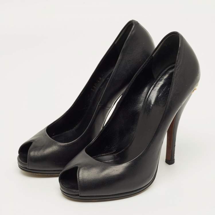 Pre Owned Gucci Black Leather Peep Toe Pumps Size 37.5