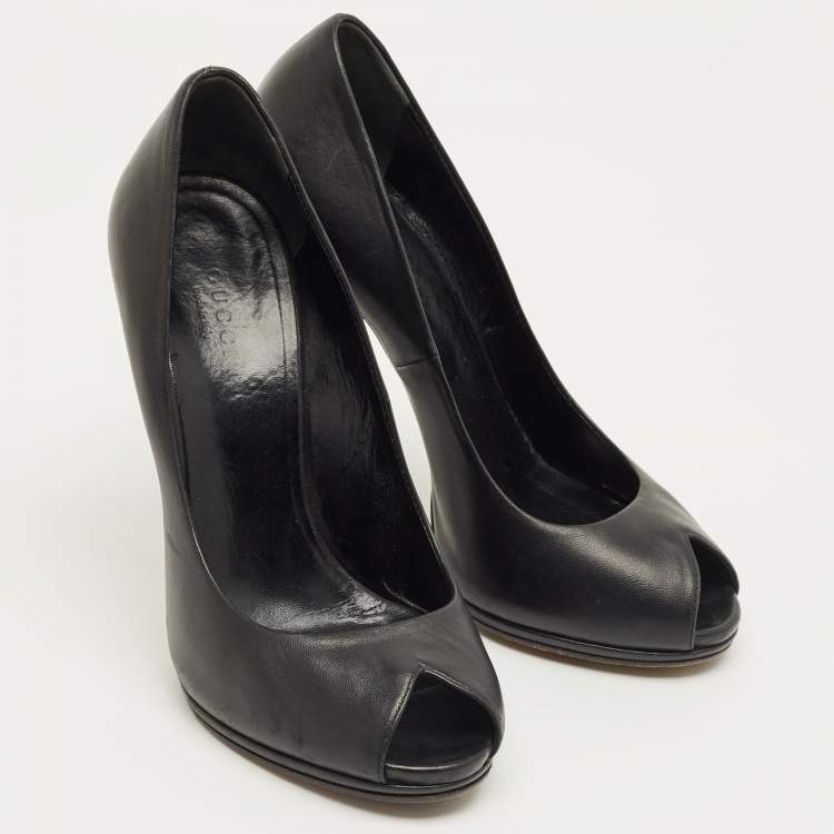 Pre Owned Gucci Black Leather Peep Toe Pumps Size 37.5