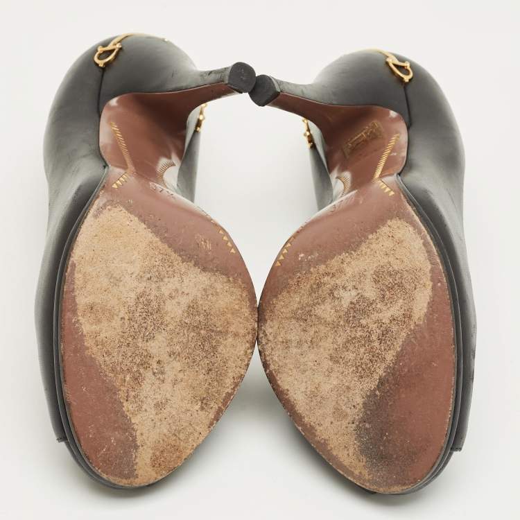 Pre Owned Gucci Black Leather Peep Toe Pumps Size 37.5