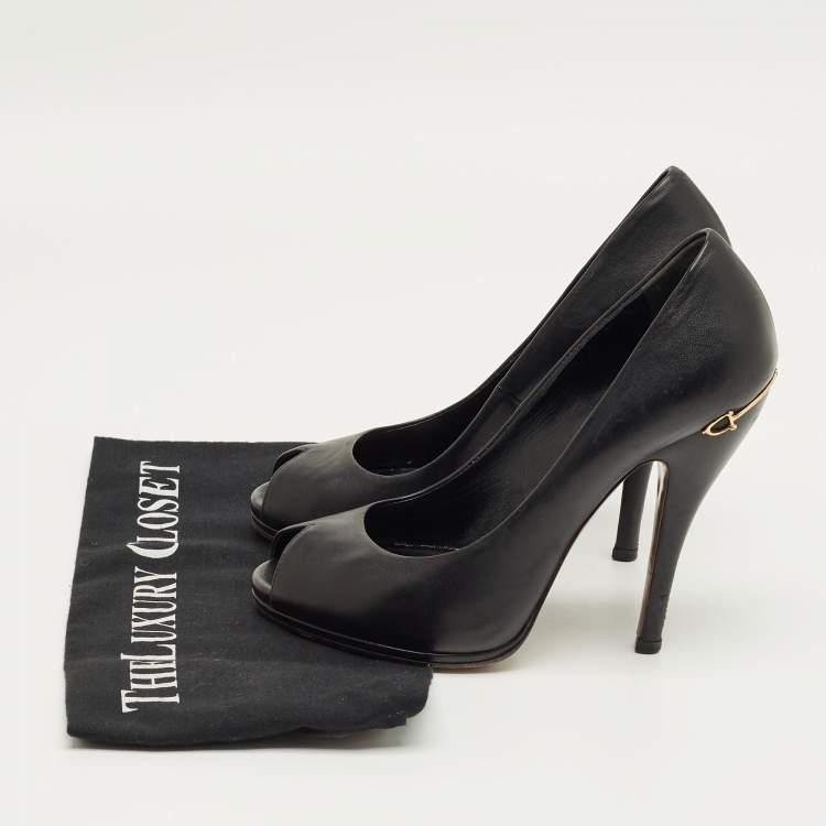 Pre Owned Gucci Black Leather Peep Toe Pumps Size 37.5