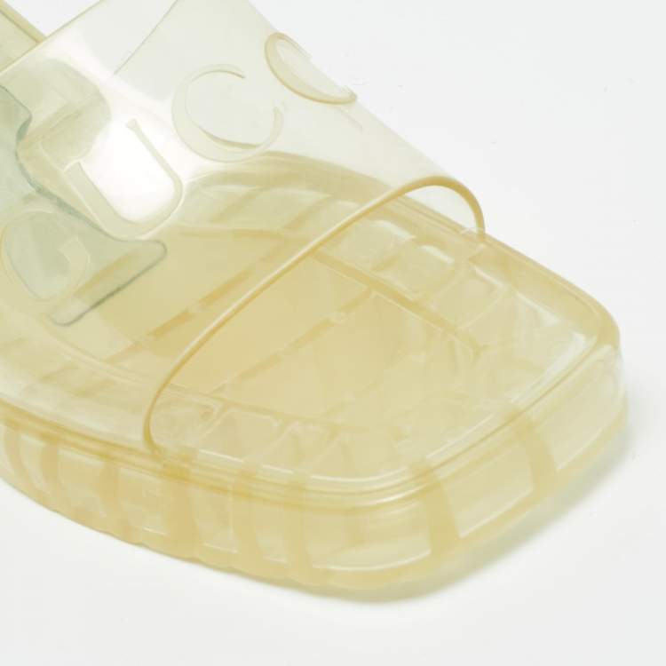 Pre Owned Gucci Transparent Jelly Logo Block Heel Slide Sandals Size 41