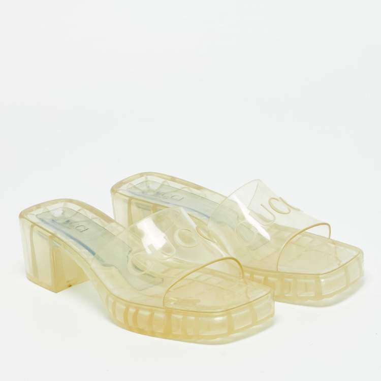 Pre Owned Gucci Transparent Jelly Logo Block Heel Slide Sandals Size 41