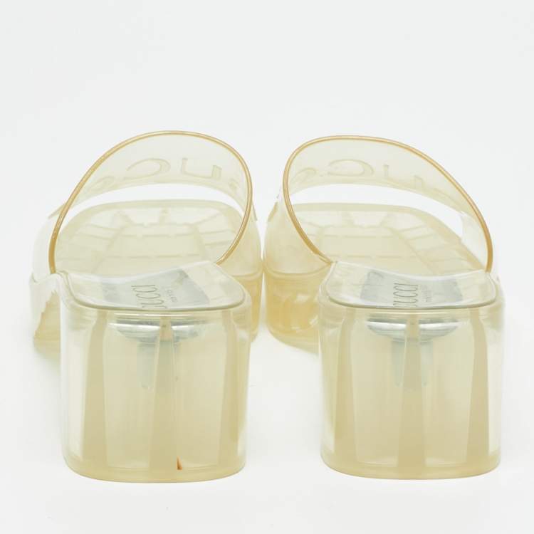 Pre Owned Gucci Transparent Jelly Logo Block Heel Slide Sandals Size 41
