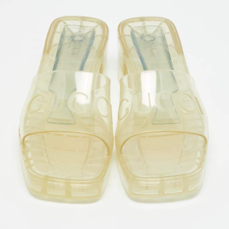 Pre Owned Gucci Transparent Jelly Logo Block Heel Slide Sandals Size 41