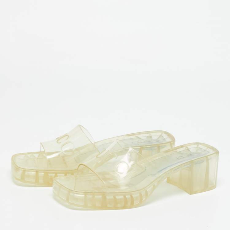 Pre Owned Gucci Transparent Jelly Logo Block Heel Slide Sandals Size 41